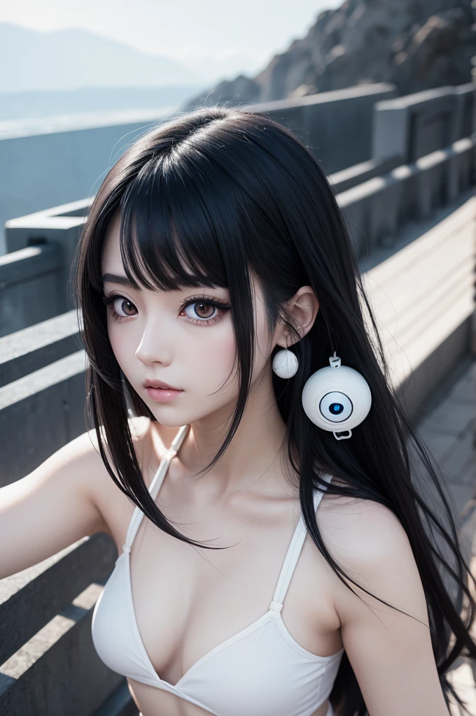 a one woman, 2d anime style, with spiral eyes, with long black hair. and white skin