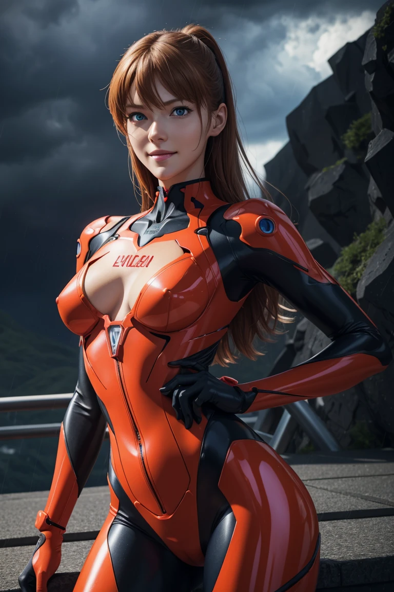 Evangelion,Asuka Langley,blue eyes,Plug Suit,Bodysuits,Interface Headset,赤いBodysuits,Ultra HD,super high quality,masterpiece,Digital SLR,Photorealistic,Detailed details,Vivid details,Depicted in detail,A detailed face,Detailed details,Super Detail,Realistic skin texture,Anatomical basis,Perfect Anatomy,Anatomically correct hand,Anatomically correct fingers,Complex 3D rendering,Sexy pose,Rainy Sky,Beautiful scenery,Fantastic rainy sky,Picturesque,Pink Lips,smile,