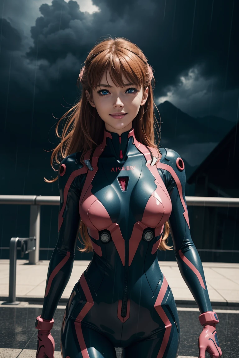 Evangelion,Asuka Langley,blue eyes,Plug Suit,Bodysuits,Interface Headset,赤いBodysuits,Ultra HD,super high quality,masterpiece,Digital SLR,Photorealistic,Detailed details,Vivid details,Depicted in detail,A detailed face,Detailed details,Super Detail,Realistic skin texture,Anatomical basis,Perfect Anatomy,Anatomically correct hand,Anatomically correct fingers,Complex 3D rendering,Sexy pose,Rainy Sky,Beautiful scenery,Fantastic rainy sky,Picturesque,Pink Lips,smile,