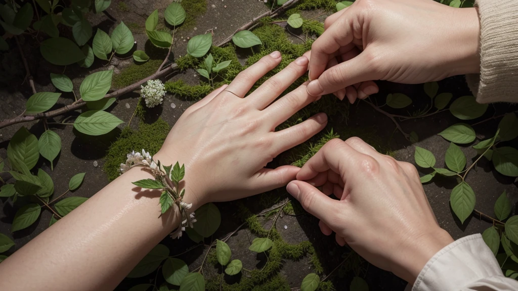 "Create an image of human hands that transform into plants. Hands must have textures and plant elements, como folhas, branches and flowers. Fingers may look like thin twigs with small leaves sprouting at the ends.. The palm should have a texture that resembles the bark of a tree or the surface of a leaf. The image must convey the idea of a harmonious fusion between human hands and plant elements, with a touch of magical realism."