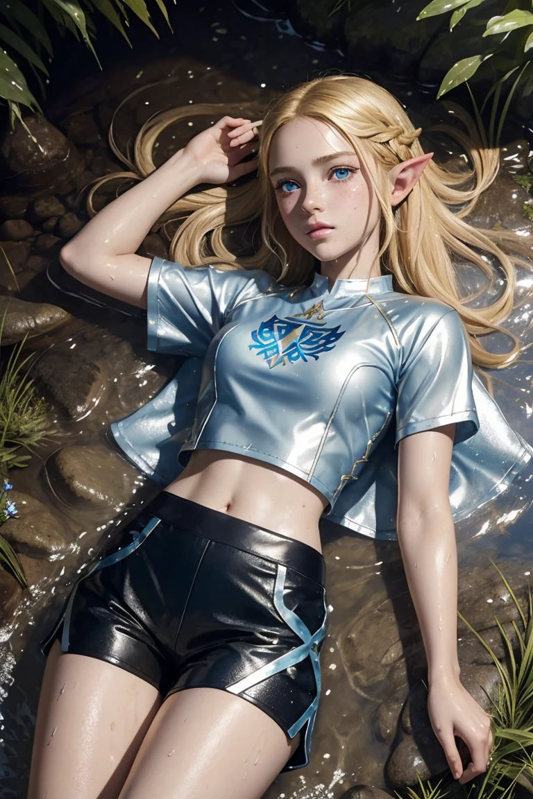 masterpiece.  4k. highly detailed epic fantasy oil painting of beautiful  Princess Zelda. blonde hair. sparkly blue eyes, freckles. detailed stylish suit,
  shiny reflective leather shorts for the summer.  crop top shirt. athletic. Hyrule motif. lying on creek. sweating. rain. river. wet.
from above, eagle eye shot, far shot. wildflowers.
