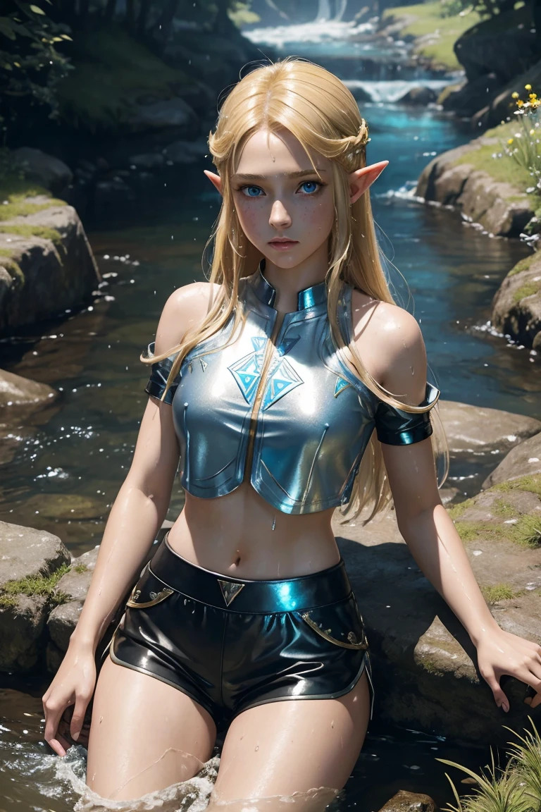 masterpiece. 4k. highly detailed epic fantasy oil painting of beautiful 12 years old Princess Zelda. blonde hair. sparkly blue eyes, freckles. detailed stylish suit,
shiny reflective leather shorts for the summer. crop top shirt. athletic. Hyrule motif. lying on creek. sweating. rain. river. wet.
from above, eagle eye shot, far shot. wildflowers.