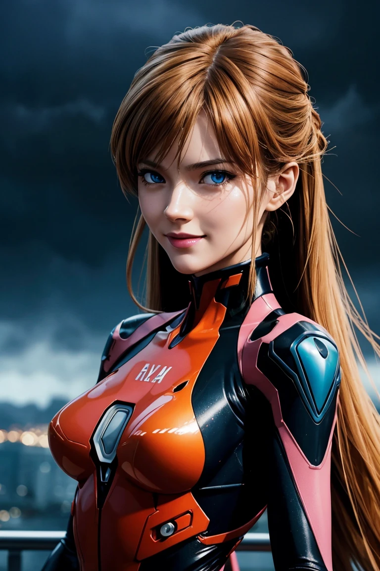 Evangelion,Asuka Langley,blue eyes,Plug Suit,Bodysuits,Interface Headset,赤いBodysuits,Ultra HD,super high quality,masterpiece,Digital SLR,Photorealistic,Detailed details,Vivid details,Depicted in detail,A detailed face,Detailed details,Super Detail,Realistic skin texture,Anatomical basis,Perfect Anatomy,Anatomically correct hand,Anatomically correct fingers,Complex 3D rendering,Sexy pose,Rainy Sky,Beautiful scenery,Fantastic rainy sky,Picturesque,Pink Lips,smile,