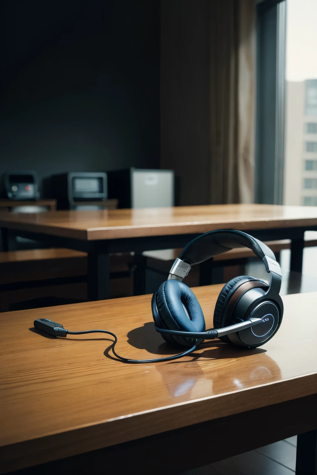 Background with several headphones on a table
