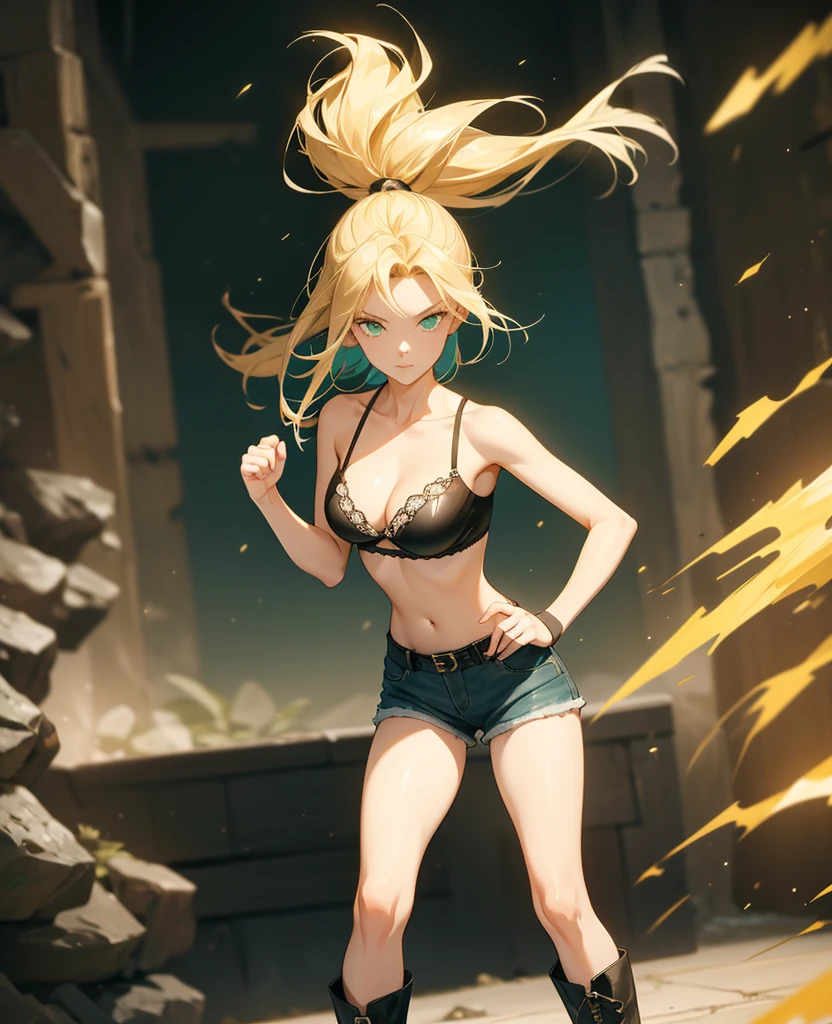 Sexy young girl with a good body, long hair blonde with green eyes, black leather jacket with white bra, bright blue short jean shorts, short brown boots with white, standing, spiky hair, bristly hair, standing, fighting pose, on guard, defense pose