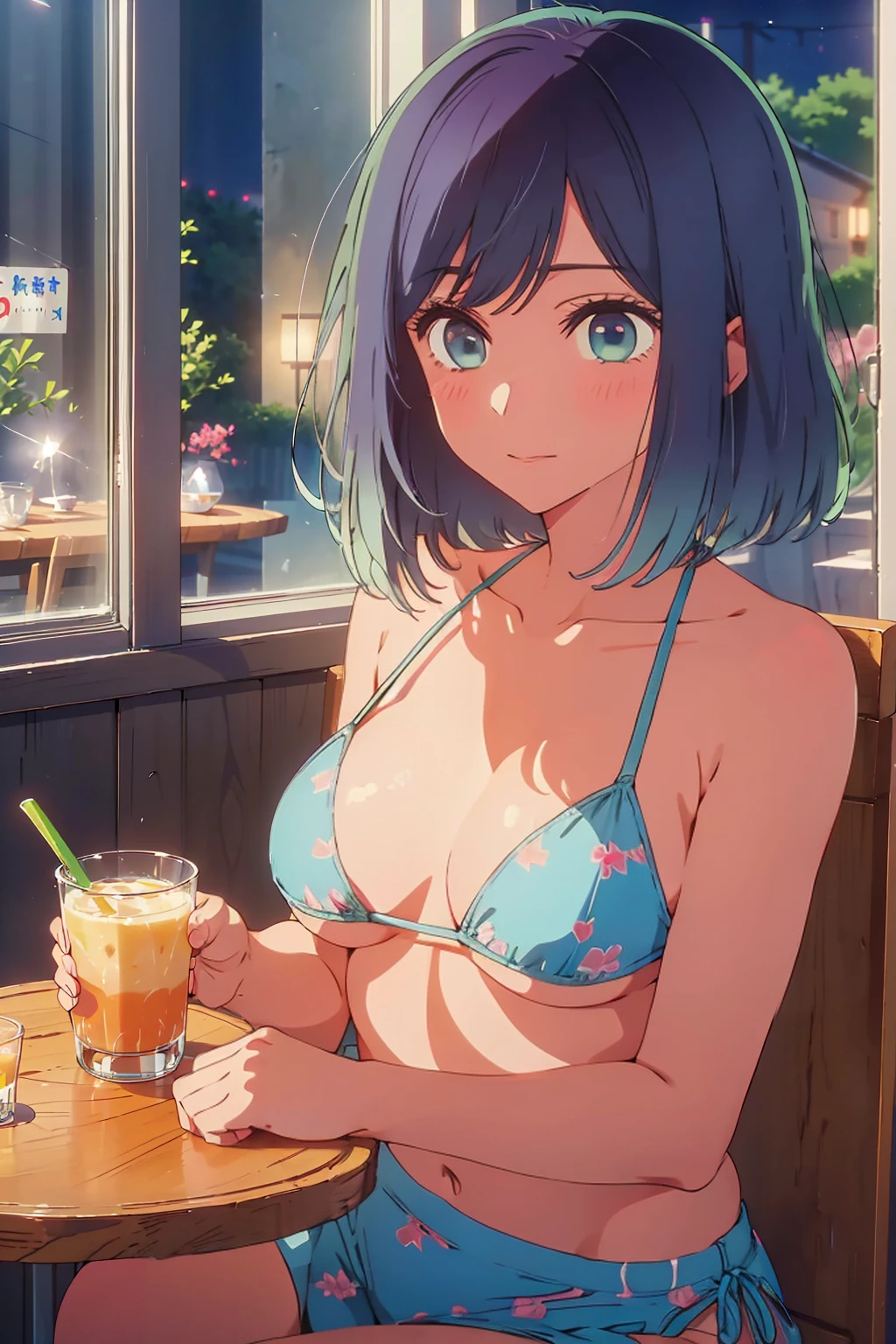 (Highest quality:1.4、masterpiece:1.4、Super detailed:1.4、8K:1.4)、((((1 person、Surprised expression、sit、Outdoor café terrace、coastal、juice、table、Sandy Beach、juiceのグラスを持つ、Plain Bikini、Very soft boobs、Big eyes、Very cute face))))、(moonlight:1.4、at night:1.4)、F cup bust、Medium breast、Underboob、Sideboob