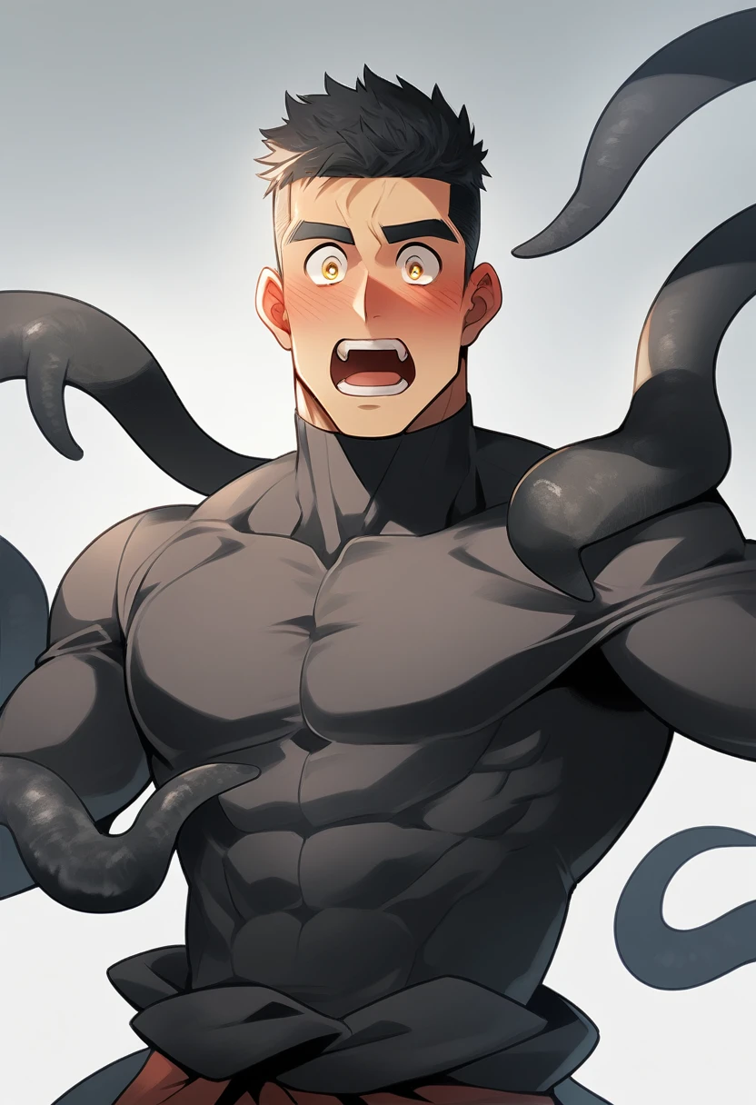 anime characters：Superhero in tights, negro black skin, He was entangled by a large number of thick black tentacles, Very stout, Lots of mucus, Wrap around the neck, Wrap around the waist, Tightly tied, Manliness, male focus, Yellow and black high collar long sleeve tight T-shirt, Slightly transparent material, Very tight, Round, full and perky chest muscles, Male dog waist, Slightly transparent, muscular male, muscular, only, Upper body, alone, Black short hair, Thick eyebrows, stubble, Yellow eyes, Grey background, simple background, amazing quality, best aesthetics, Ridiculous, bright pupils, crew cut, parted lips, blush, open mouth, scared, drop shadow, best quality