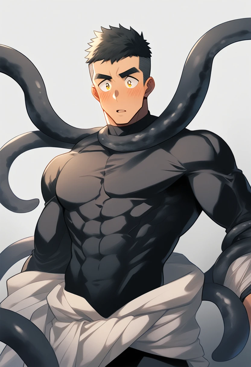 anime characters：Superhero in tights, negro black skin, He was entangled by a large number of thick black tentacles, Very stout, Lots of mucus, Wrap around the neck, Wrap around the waist, Tightly tied, Manliness, male focus, Yellow and black high collar long sleeve tight T-shirt, Slightly transparent material, Very tight, Round, full and perky chest muscles, Male dog waist, Slightly transparent, muscular male, muscular, only, Upper body, alone, Black short hair, Thick eyebrows, stubble, Yellow eyes, Grey background, simple background, amazing quality, best aesthetics, Ridiculous, bright pupils, crew cut, parted lips, blush, open mouth, scared, drop shadow, best quality