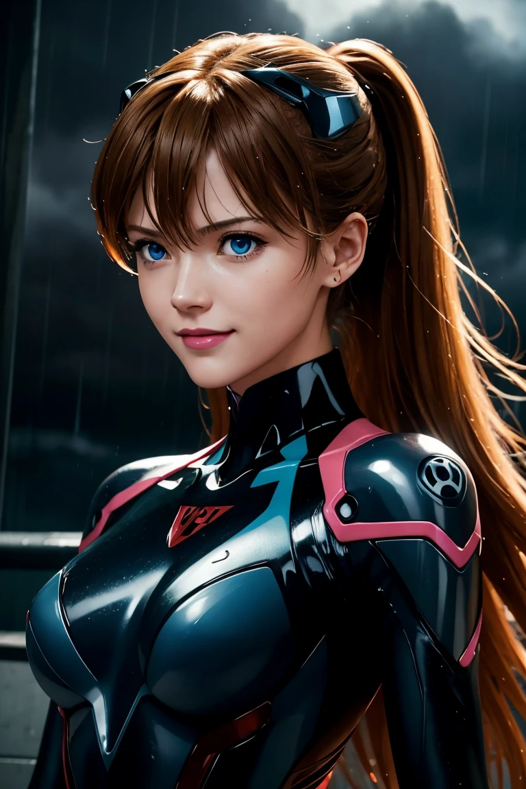 Evangelion,Asuka Langley,blue eyes,Plug Suit,Bodysuits,Interface Headset,赤いBodysuits,Ultra HD,super high quality,masterpiece,Digital SLR,Photorealistic,Detailed details,Vivid details,Depicted in detail,A detailed face,Detailed details,Super Detail,Realistic skin texture,Anatomical basis,Perfect Anatomy,Anatomically correct hand,Anatomically correct fingers,Complex 3D rendering,Sexy pose,Rainy Sky,Beautiful scenery,Fantastic rainy sky,Picturesque,Pink Lips,smile,