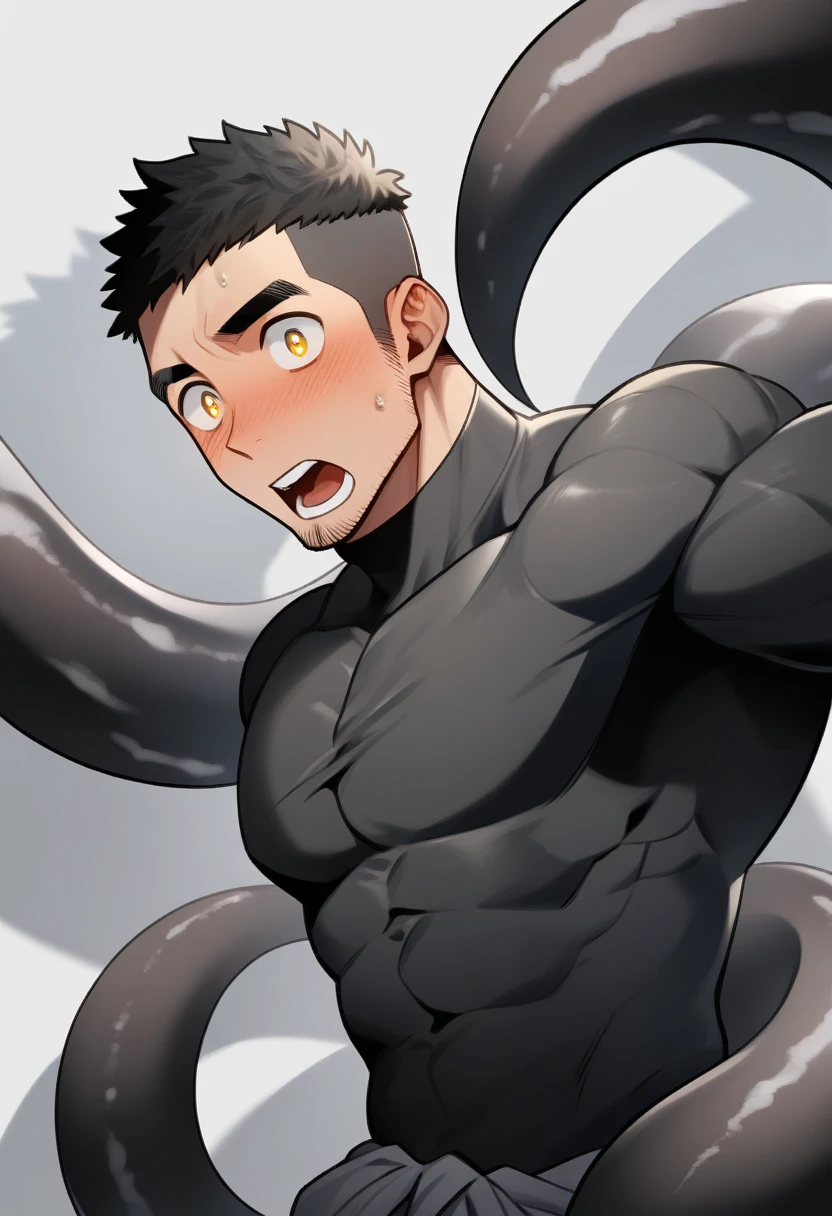 anime characters：Superhero in tights, negro black skin, He was entangled by a large number of thick black tentacles, Very stout, Lots of mucus, Wrap around the neck, Wrap around the waist, Tightly tied, Manliness, male focus, Yellow and black high collar long sleeve tight T-shirt, Slightly transparent material, Very tight, Round, full and perky chest muscles, Male dog waist, Slightly transparent, muscular male, muscular, only, Upper body, alone, Black short hair, Thick eyebrows, stubble, Yellow eyes, Grey background, simple background, amazing quality, best aesthetics, Ridiculous, bright pupils, crew cut, parted lips, blush, open mouth, scared, drop shadow, best quality