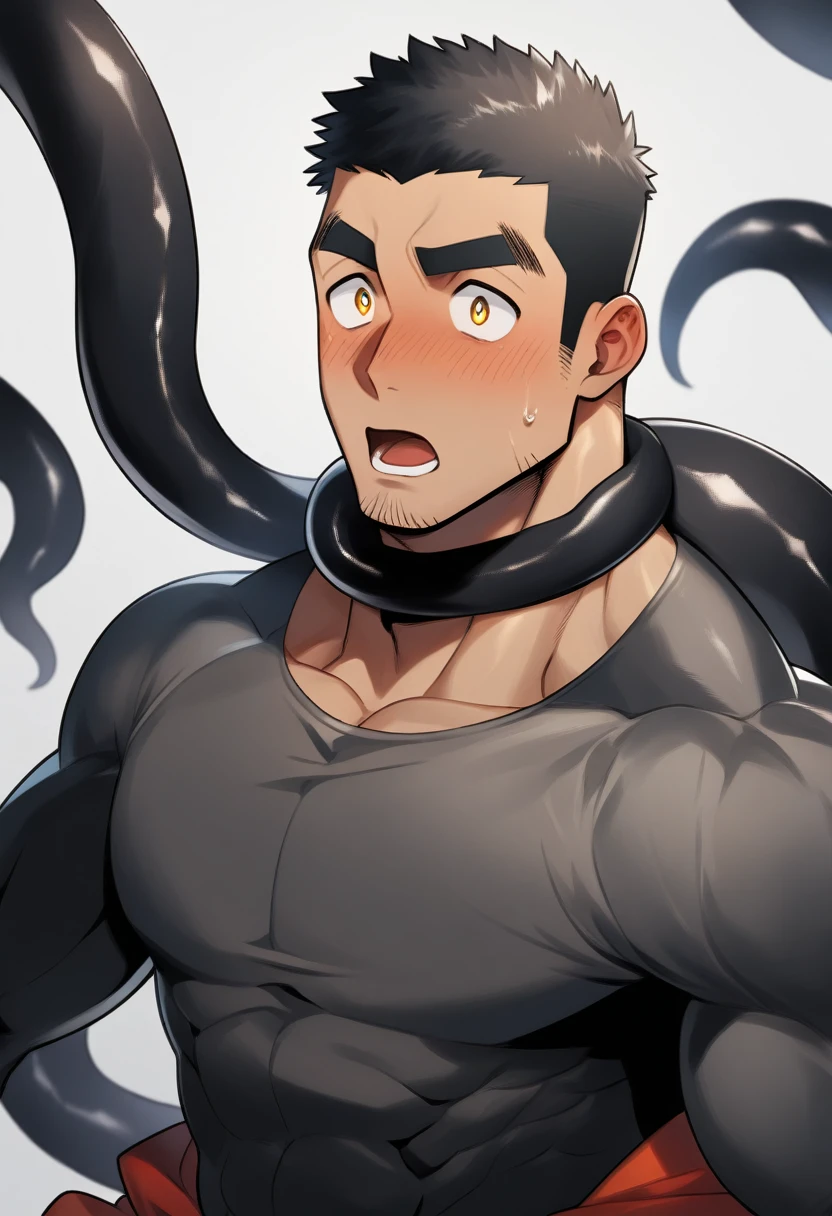 anime characters：Superhero in tights, negro black skin, He was entangled by a large number of thick black tentacles, Very stout, Lots of mucus, Wrap around the neck, Wrap around the waist, Tightly tied, Manliness, male focus, Yellow and black high collar long sleeve tight T-shirt, Slightly transparent material, Very tight, Round, full and perky chest muscles, Male dog waist, Slightly transparent, muscular male, muscular, only, Upper body, alone, Black short hair, Thick eyebrows, stubble, Yellow eyes, Grey background, simple background, amazing quality, best aesthetics, Ridiculous, bright pupils, crew cut, parted lips, blush, open mouth, scared, drop shadow, best quality