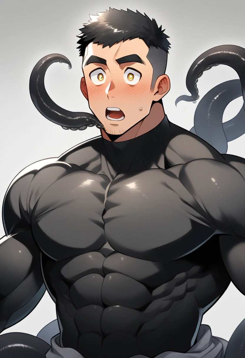 anime characters：Superhero in tights, negro black skin, He was entangled by a large number of thick black tentacles, Very stout, Slime Slug, Lots of mucus, Wrap around the neck, Tightly tied, Manliness, male focus, Yellow and black high collar long sleeve tight T-shirt, Slightly transparent material, Very tight, Round, full and perky chest muscles, Male dog waist, Slightly transparent, muscular male, muscular, only, Upper body, alone, Black short hair, Thick eyebrows, stubble, Yellow eyes, Grey background, simple background, amazing quality, best aesthetics, Ridiculous, bright pupils, crew cut, parted lips, blush, open mouth, scared, drop shadow, best quality