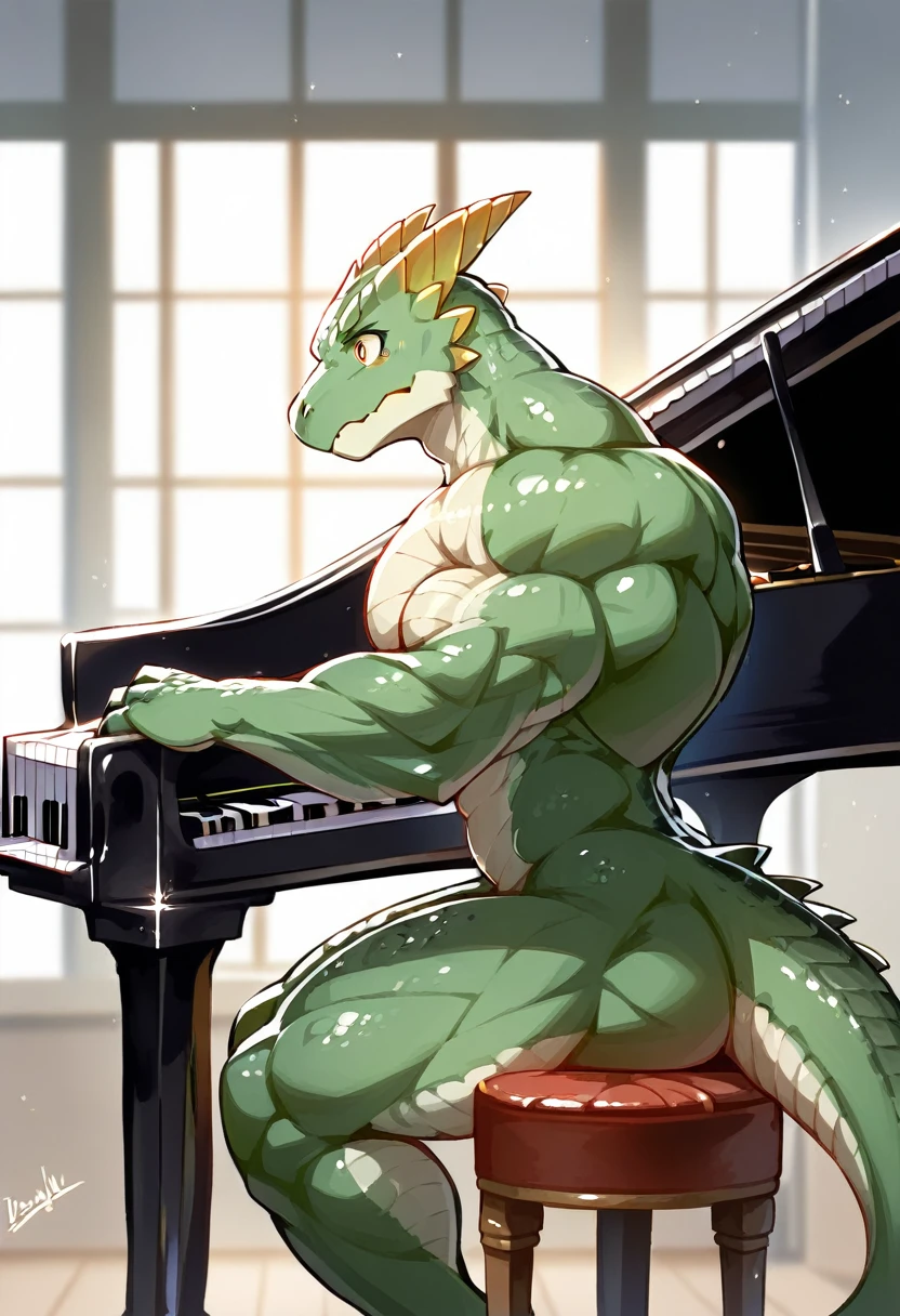cover page, highres, top quality, best quality, paid reward available, unparalleled masterpiece, perfect artwork, High-quality illustrations, super high resolution, absurdres, perfect anatomy(Anthro: 1.7)furry explicit((kobold))high res(detailed eyes expressive eyes)insane details(cinematic lighting)lizard man kemono((lizard man play the piano, staring Musical score))(piano:1.2)((lizard Facial Features, lizard Body Features))(Dense and Detailed Muscles))(hyper realistic scales:1.3)(detailed scales:1.2)(scale covered body)(kobold face)(kobold features)(expressive face, detailed face)(serious expression, downcast expression)from side, piano stool, indoors, window,