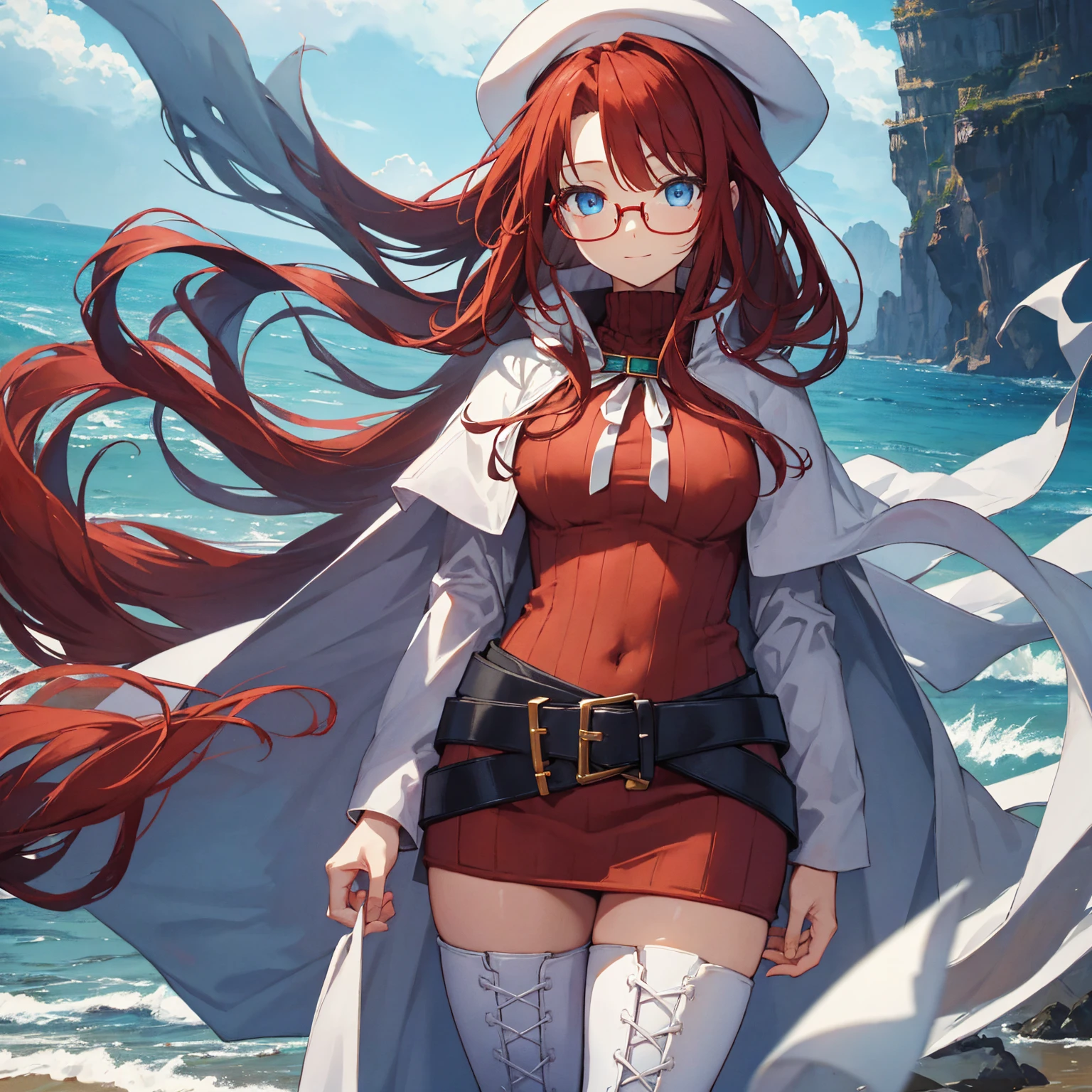 summonnightaty, aty, (young:1.3),long hair, blue eyes, red hair, big_tits, hat, glasses,
BREAK long hair, thighhighs, hat, dress, naked_legs, glasses, belt, cape, sweater, zettai ryouiki, beret, thigh boots, white footwear, ribbed sweater, loose belt,solo,
BREAK outdoors, fantasy,on_beach,
,Highquality_hads,perfect_fingers,
BREAK (masterpiece:1.2), best quality, high resolution, unity 8k wallpaper, (illustration:0.8), (beautiful detailed eyes:1.6), extremely detailed face, perfect lighting, extremely detailed CG, (perfect hands, perfect anatomy),covered_nipples,covered_navel ,half_eyes,long_sword,sleepy_eyes,red_sweater,apart_knees,magical_effect,spread_legs, have_a_book,teacher,rise_knee,Smile,rise_hand,look_down_viewer,spread_arms,sea_waves,looking_into,blue_sky,plump,open_mouth, dynamic_posing,solo