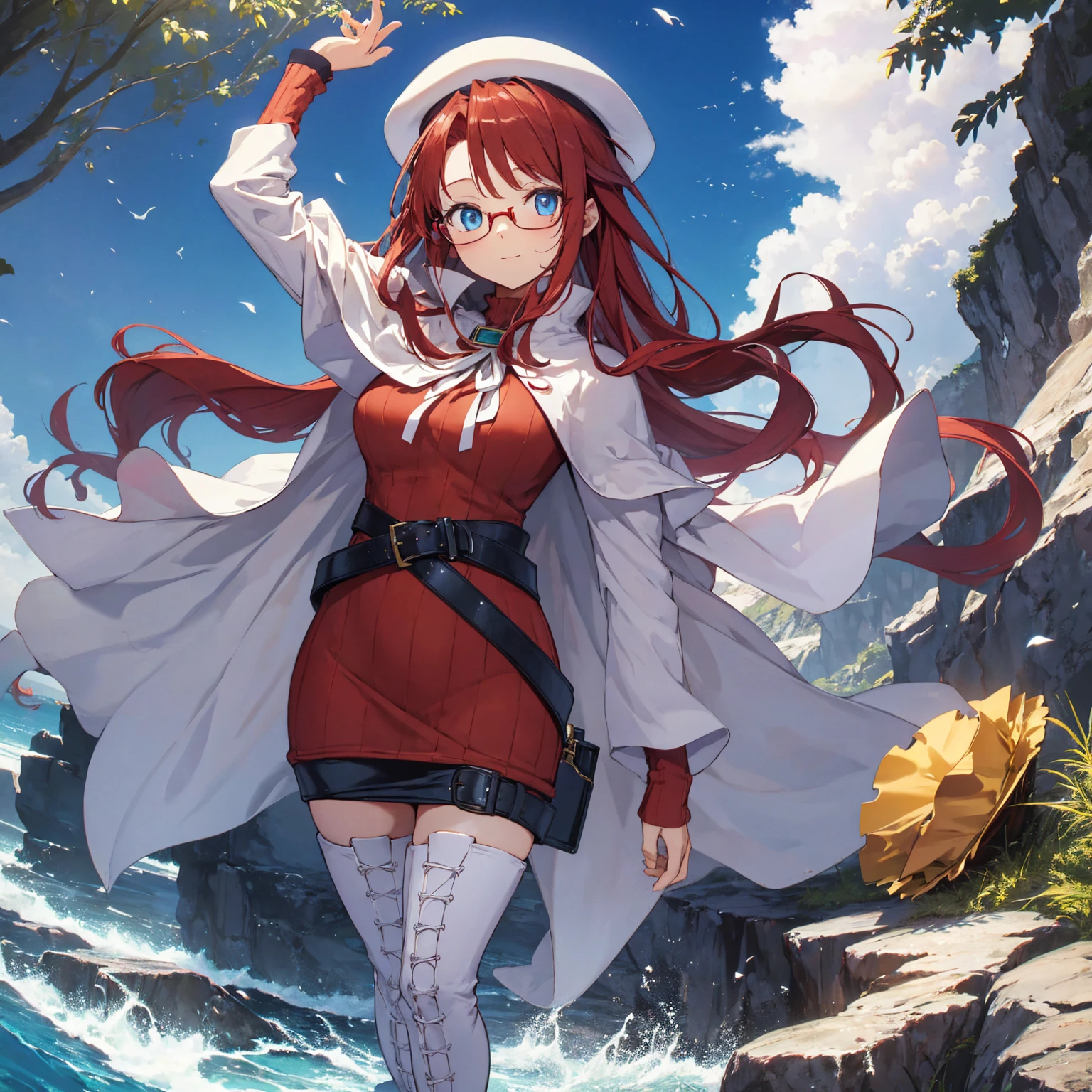 summonnightaty, aty, (young:1.3),long hair, blue eyes, red hair, big_tits, hat, glasses,
BREAK long hair, thighhighs, hat, dress, naked_legs, glasses, belt, cape, sweater, zettai ryouiki, beret, thigh boots, white footwear, ribbed sweater, loose belt,solo,
BREAK outdoors, fantasy,on_beach,
,Highquality_hads,perfect_fingers,
BREAK (masterpiece:1.2), best quality, high resolution, unity 8k wallpaper, (illustration:0.8), (beautiful detailed eyes:1.6), extremely detailed face, perfect lighting, extremely detailed CG, (perfect hands, perfect anatomy),covered_nipples,covered_navel ,half_eyes,long_sword,sleepy_eyes,red_sweater,apart_knees,magical_effect,spread_legs, have_a_book,teacher,rise_knee,Smile,rise_hand,look_down_viewer,spread_arms,sea_waves,looking_into,blue_sky,plump,open_mouth, dynamic_posing,solo