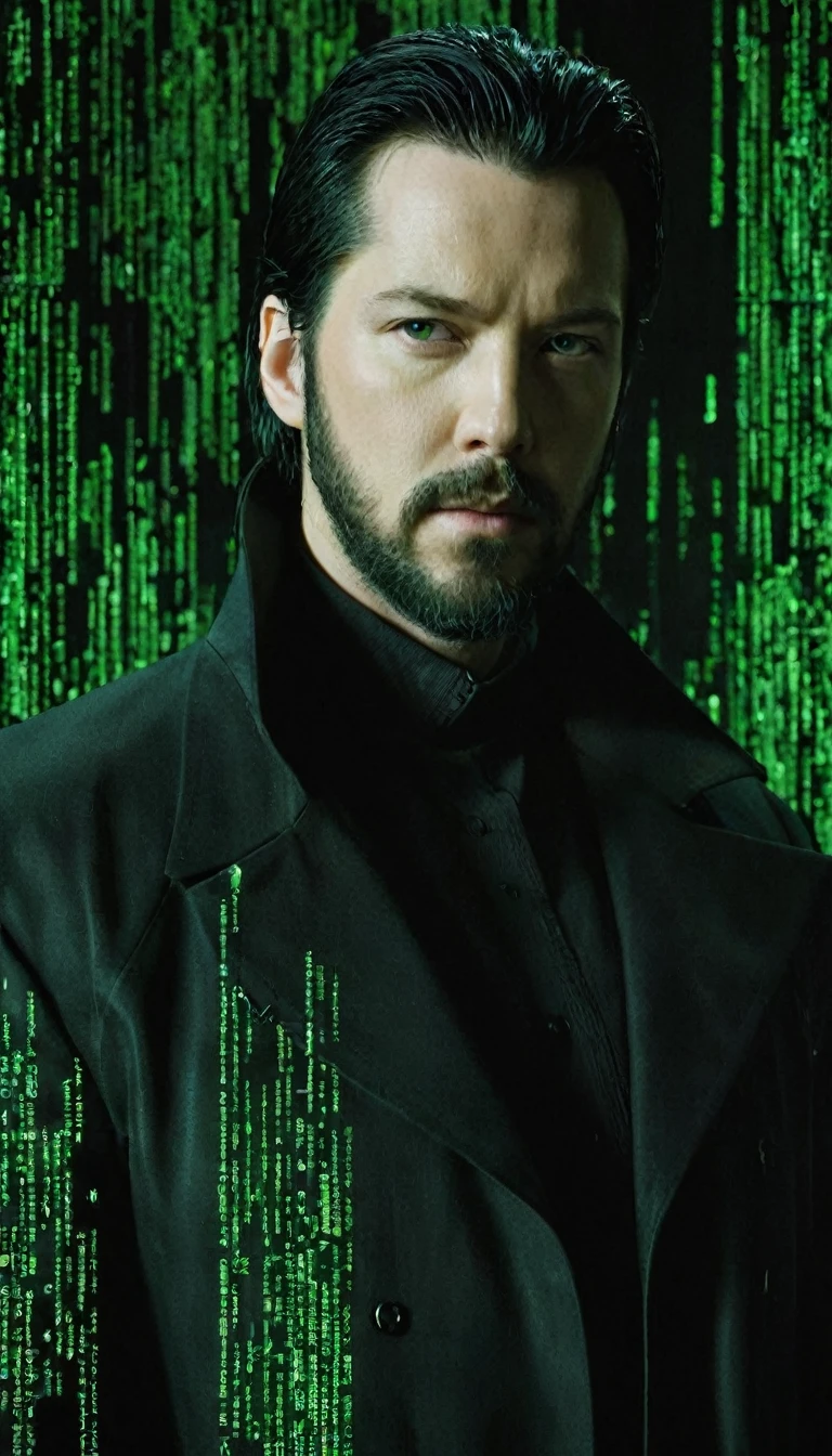 face portrait of "Neo's quest: Green matrix code flowing in the middle and background.", Neo is a white man with black hair and black beard, wearing a black latex coat, that works secretly with Morpheus and trinity. focusing on the face, magical and mysterious theme