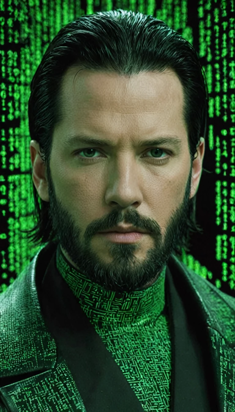 face portrait of "Neo's quest: Green matrix code flowing in the middle and background.", Neo is a white man with black hair and black beard, wearing a black latex coat, that works secretly with Morpheus and trinity. focusing on the face, magical and mysterious theme