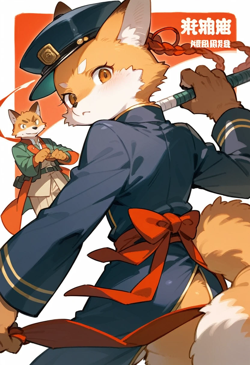 A doujinshi cover with a young male detective and a fox woman in a Chinese dress back to back, furry, kemono, with some elements of 007, battle manga,