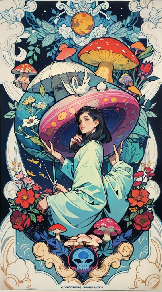 Yokai 1960’s jugendstil psychedelic marblng pattern fantasy artwork by Gray Morrow and darren grealish (mushrooms, botanics)