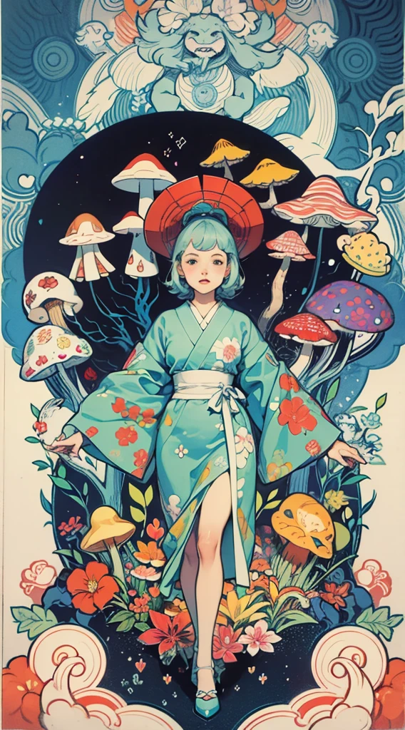Yokai 1960’s jugendstil psychedelic marblng pattern fantasy artwork by Gray Morrow and darren grealish (mushrooms, botanics)