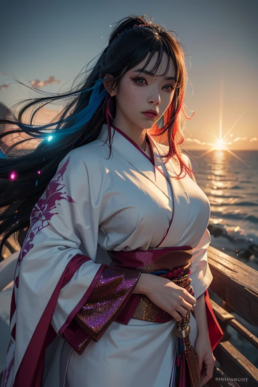 ultra-detailed, Explicit, Beautiful body, Beautiful Nose, Beautiful character design, perfect eyes, perfect face, ultra highres, 4K, beautiful legs, perfect legs, Nice hands, Perfect hand, Masterpiece, Best Quality, Highly detailed, illustration, absurdres, perfect anatomy, expression of joy, glowing eyes, looking at viewer, mystic aura, female priestess, full body, goddess-like, happy trance, perfect female body, smile, japanese clothes, miko, detached sleeves, hakama, hakama skirt, red hakama, ribbon-trimmed sleeves, joyful eyes, horns, extending the right arm from the shoulder into the air with a straightened hand, 1girl, hair ornaments, purple hair, long hair, purple eyes, (((pixel-perfect, detail-perfect))), solo, 1girl, Hanyuu, higurashi when they cry, umineko when they cry, medium sized natural breasts