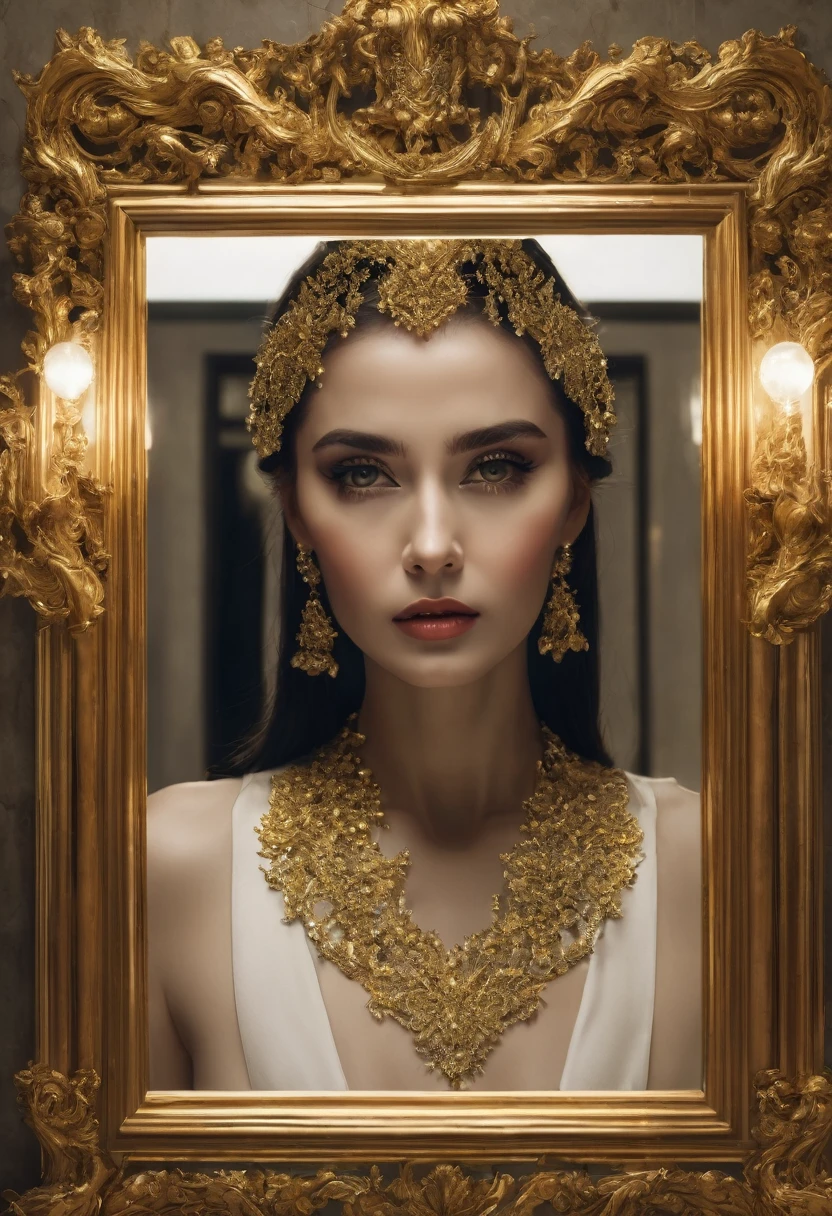 A mirror with a beautiful frame, shining like gold and in its reflection a woman with vengeful expressions. 
