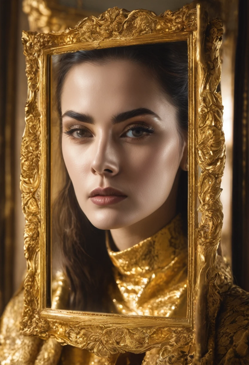 A mirror with a beautiful frame, shining like gold and in its reflection a woman with vengeful expressions. 