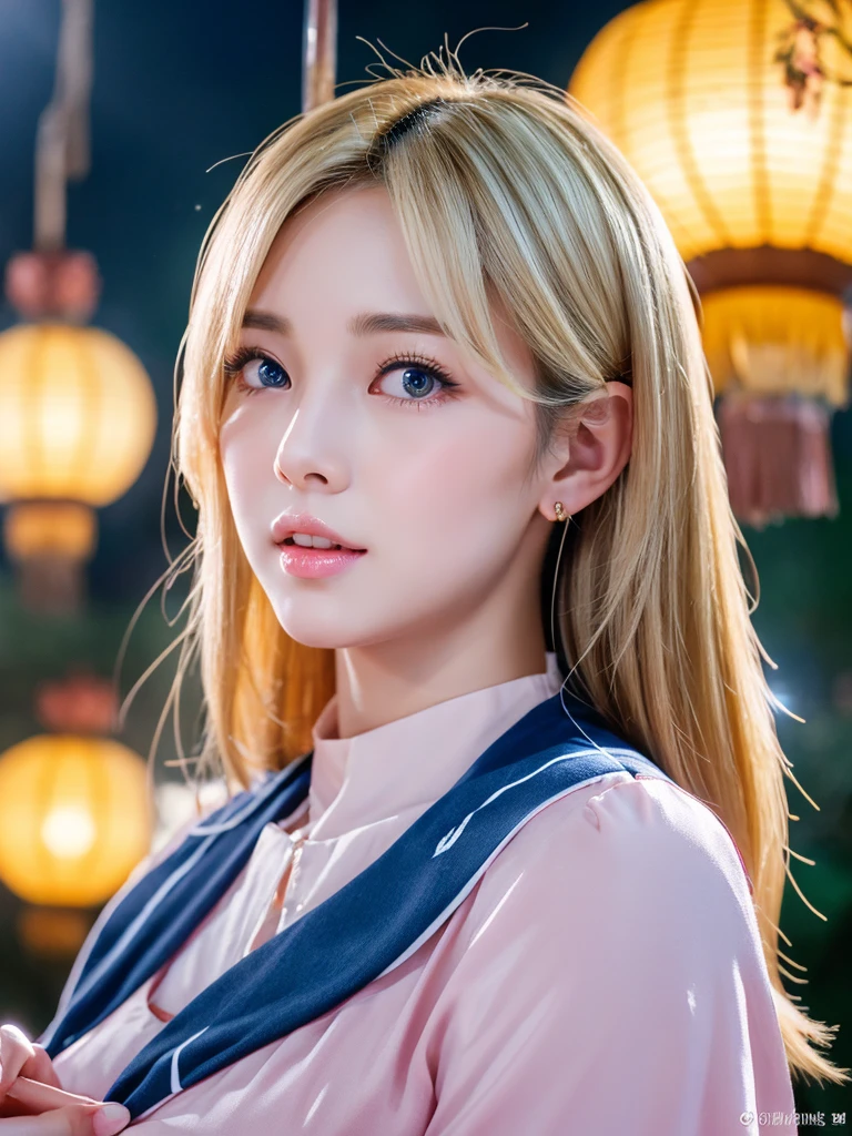 In manhwa art style, a young Korean woman 28s. Her hair is short at shoulder in a blonde pink colors. Her face is slightly shorter than it is long, which carry a warm , expressive face. Her skin is radiant and clear, and her curved lips. Large blue eyes are expressive and captivating. Her natural body and defined made up of proportional curves. She is wearing a white dress while the light of the lanterns in the botan garden at night illuminates the flowers
