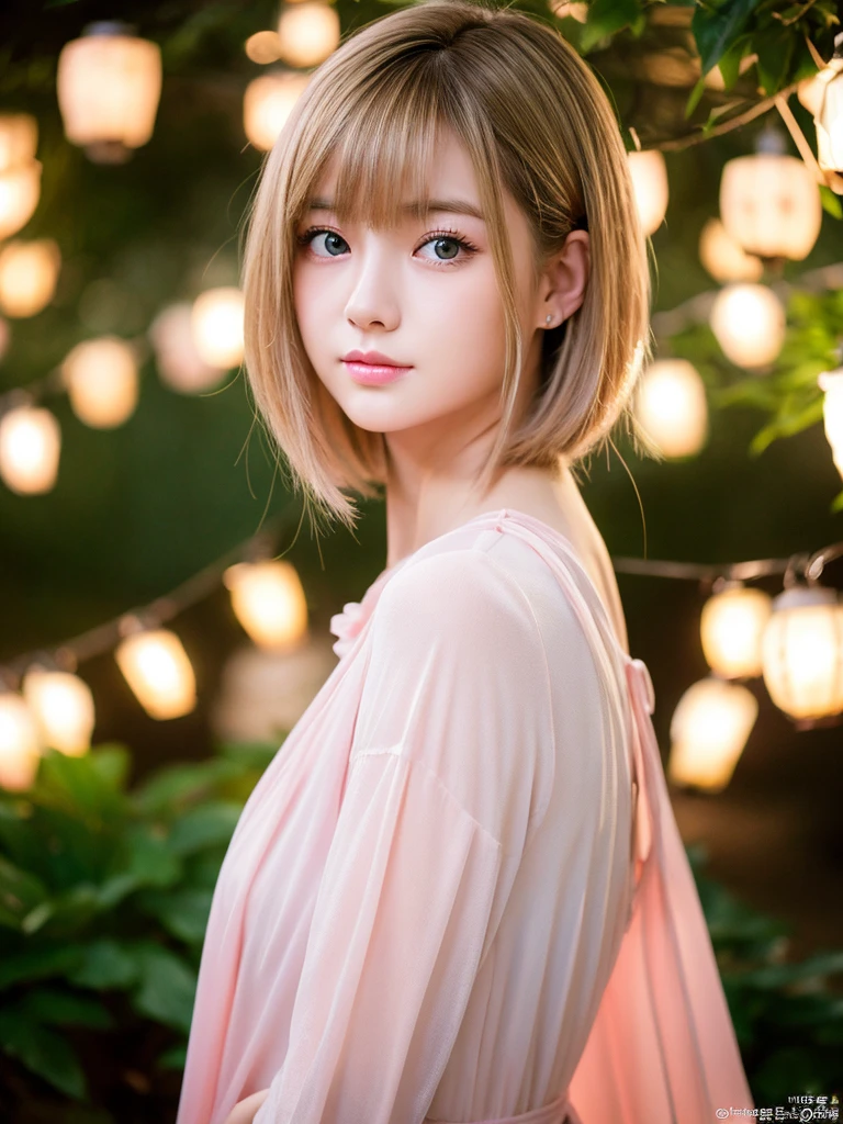 In manhwa art style, a young Korean woman 28s. Her hair is short at shoulder in a blonde pink colors. Her face is slightly shorter than it is long, which carry a warm , expressive face. Her skin is radiant and clear, and her curved lips. Large blue eyes are expressive and captivating. Her natural body and defined made up of proportional curves. She is wearing a white dress while the light of the lanterns in the botan garden at night illuminates the flowers