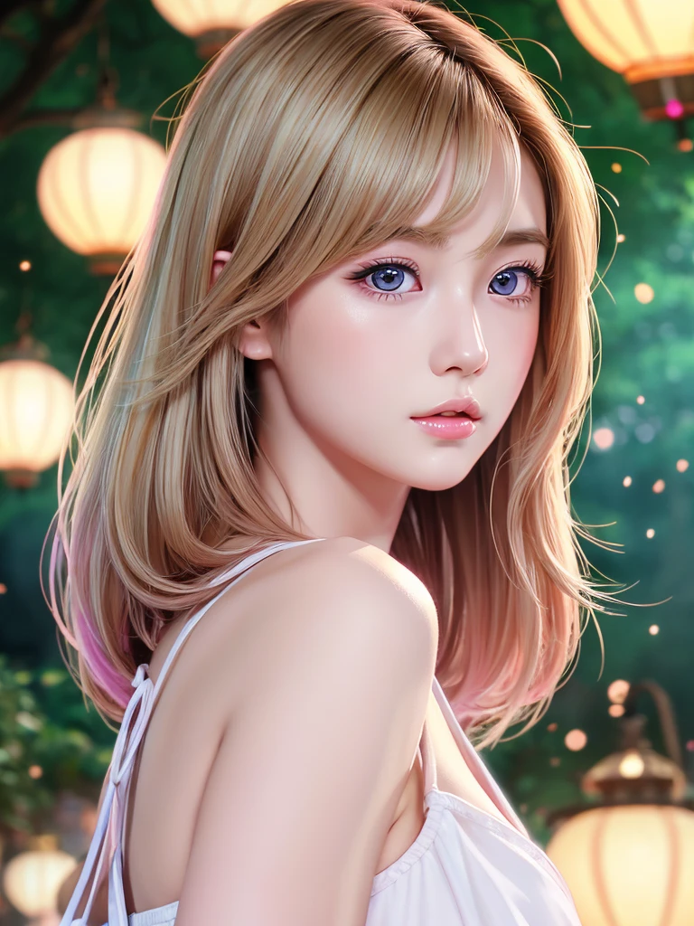 In manhwa art style, a young Korean woman 28s. Her hair is short at shoulder in a blonde pink colors. Her face is slightly shorter than it is long, which carry a warm , expressive face. Her skin is radiant and clear, and her curved lips. Large blue eyes are expressive and captivating. Her natural body and defined made up of proportional curves. She is wearing a white dress while the light of the lanterns in the botan garden at night illuminates the flowers