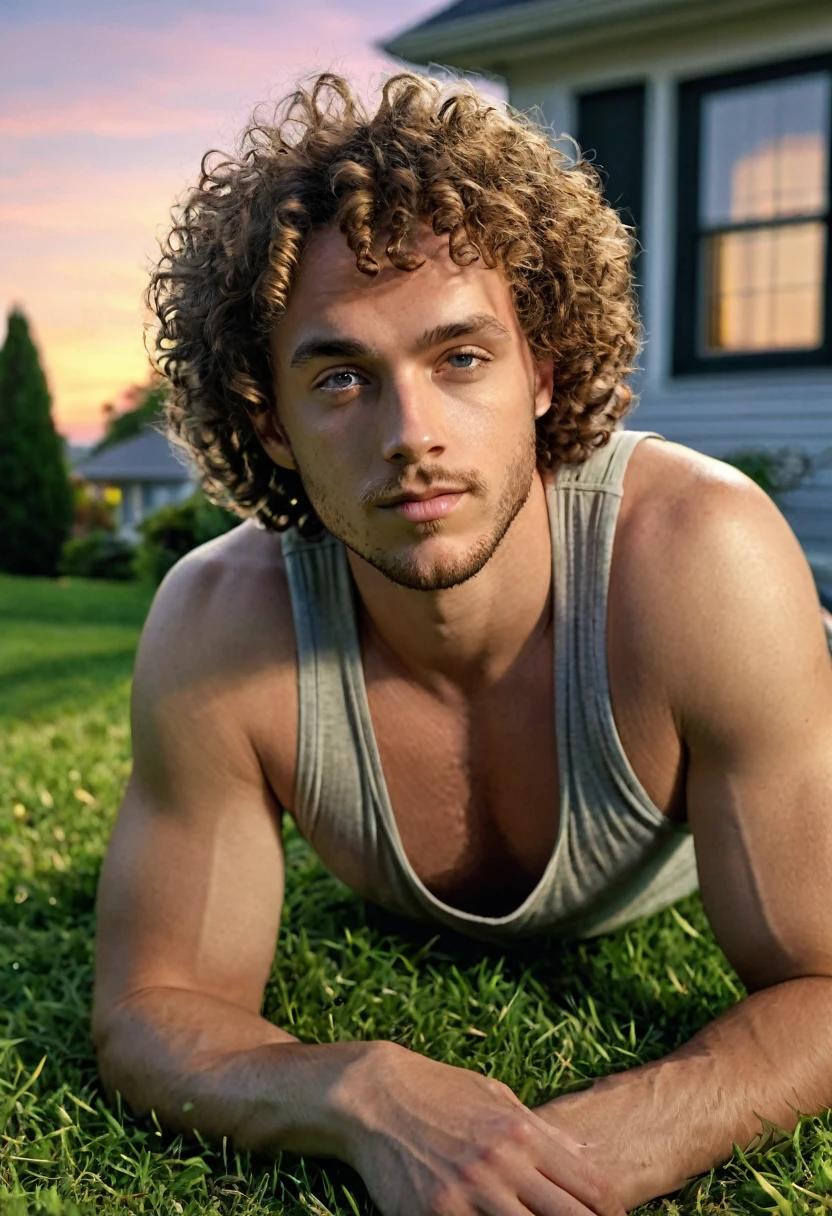 Hyperrealistic art photo of typerson a man, curly hair, wearing a tank top, outside a house, laying down on grass, sunset, looking at viewer,  . Extremely high-resolution details, photographic, realism pushed to extreme, fine texture, incredibly lifelike