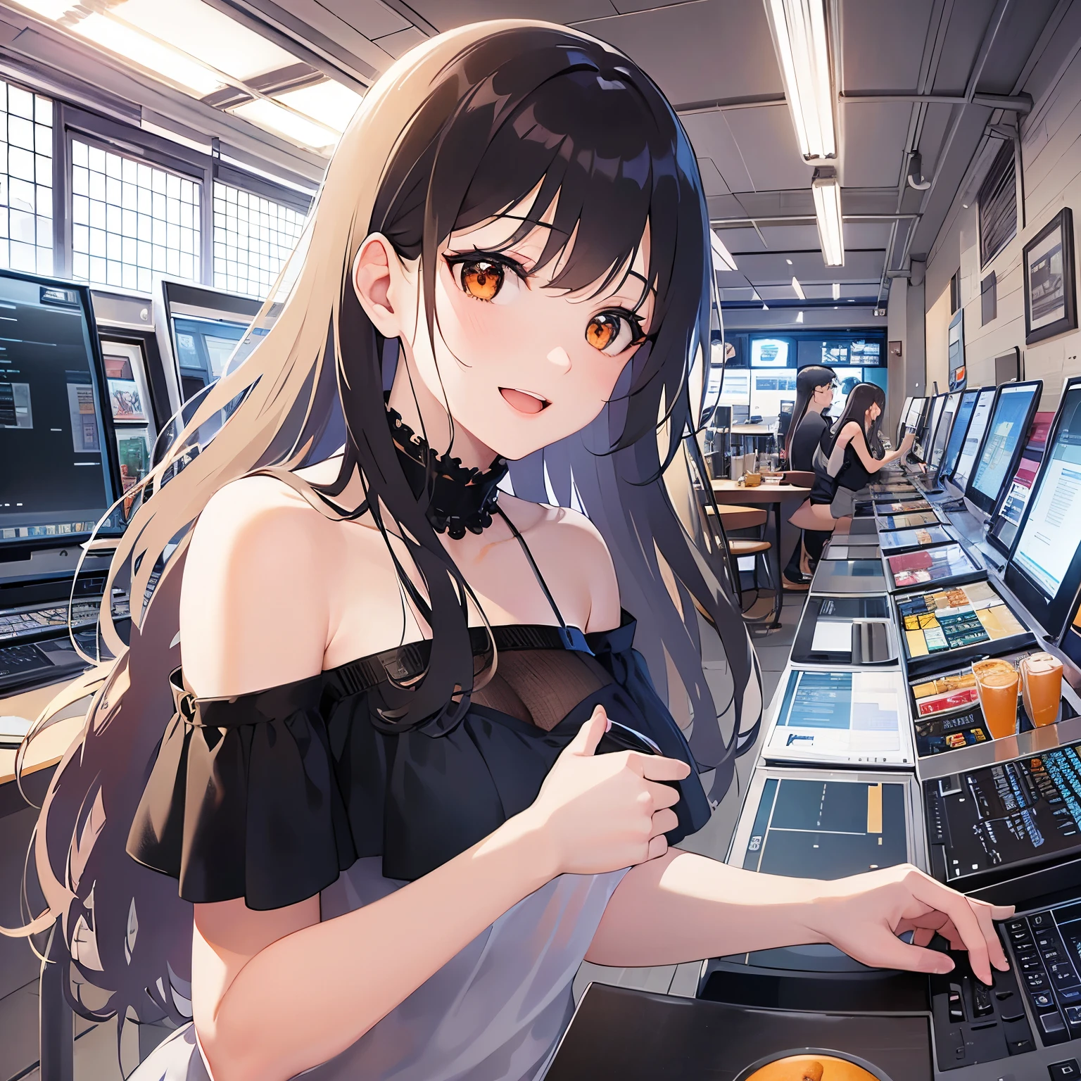 side angle,(looking away:1.5),Detailed CG,Ultra-fine illustrations,masterpiece,Highest quality,BREAK(black)and(Off-the-shoulder blouse)BREAK,Realistic,Real person,RAW Photos,Realistic(Pale skin:1.2),Shiny skin,Shiny Hair,(A 28-year-old woman with medium-length hair and bangs)and(Wavy Hair)and(Brown Hair)and(Orange eyes:1.3),(smile:1.,(open mouth),The background is inside a game center,alone