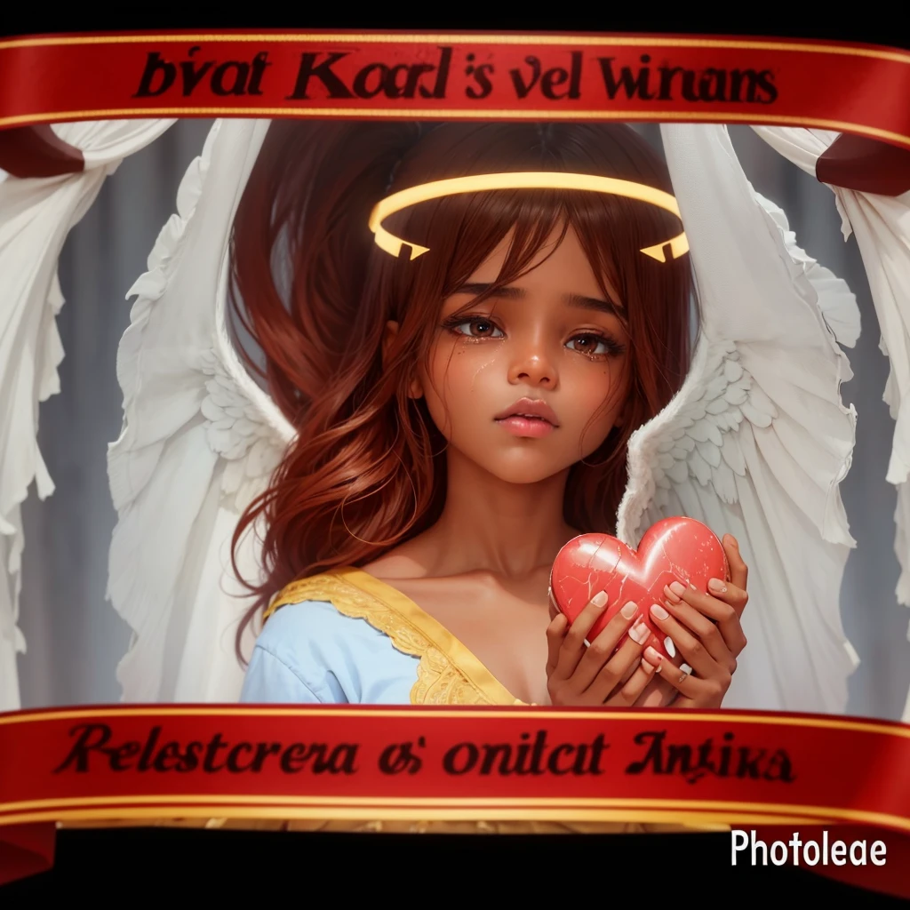 Turn this version into a real person keeping everything just the same brown skin female angel and crying with tears in both eyes running down both cheeks and with both hands holding a heart a broken heart repairing it the same exact image just making it real or realistic and keep all words in English nothing else on her Face but tears