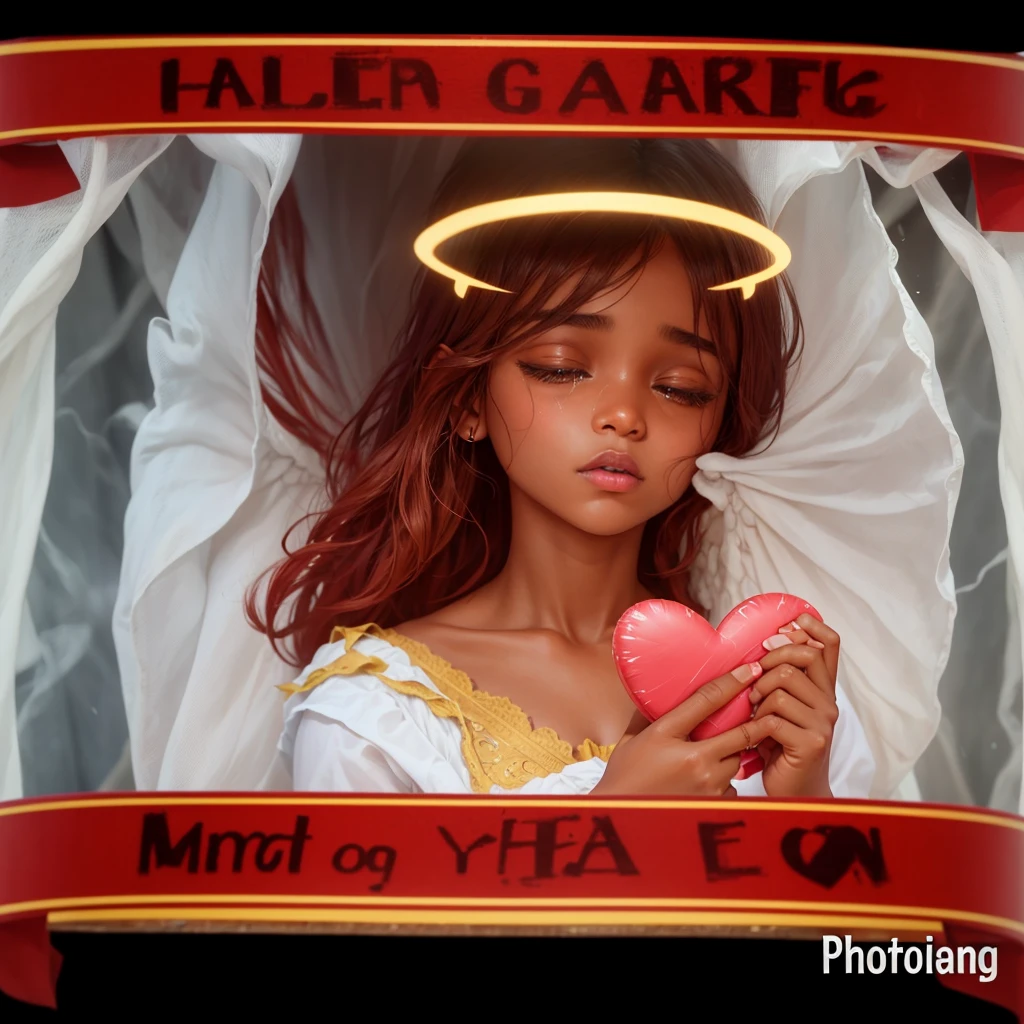 Turn this version into a real person keeping everything just the same brown skin female angel and crying with tears in both eyes running down both cheeks and with both hands holding a heart a broken heart repairing it the same exact image just making it real or realistic and keep all words in English nothing else on her Face but tears