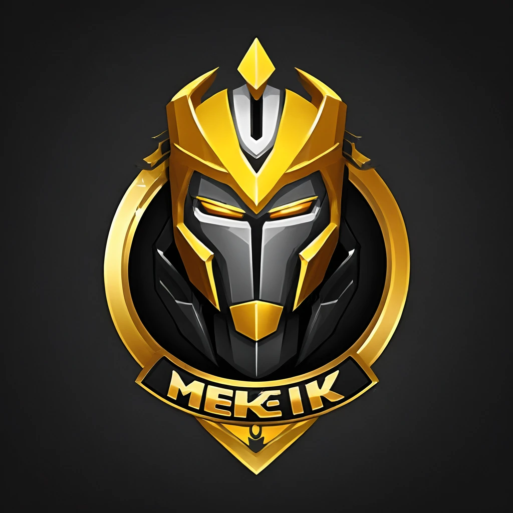 logomkrdsxl,an  edgy logo  3D with robô dourado e prata,  vector, text "MEK",  best quality, masterpiece, brand, dark background, 