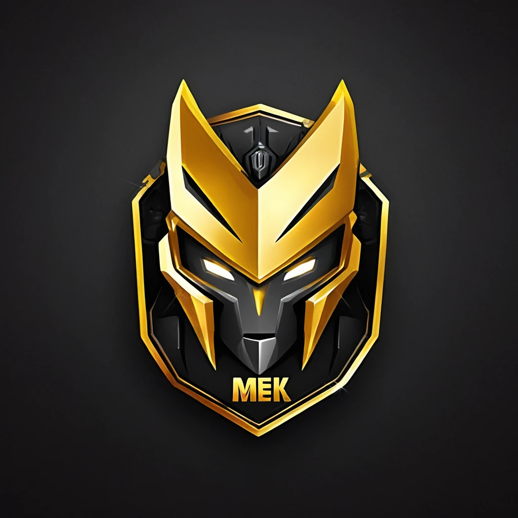 logomkrdsxl,an  edgy logo  3D with robô dourado e prata,  vector, text "MEK",  best quality, masterpiece, brand, dark background, 