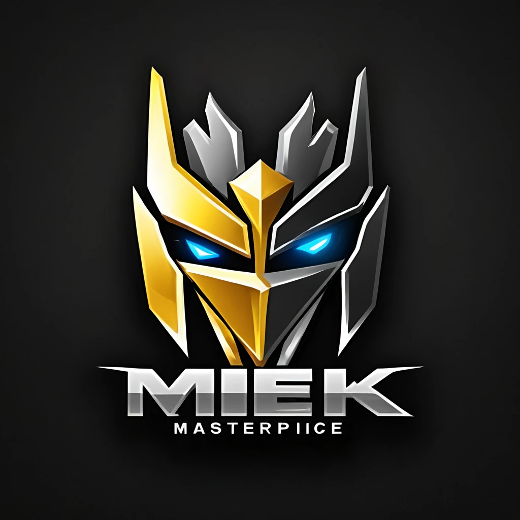 logomkrdsxl,an  edgy logo  3D with robô dourado e prata,  vector, text "MEK",  best quality, masterpiece, brand, dark background, 