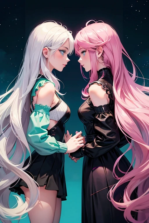 Believe me a book cover with two girls with their backs to each other, one has to have wavy magenta hair with emerald green eyes and the other has straight white hair with blue eyes, both have to be created in anime style. 