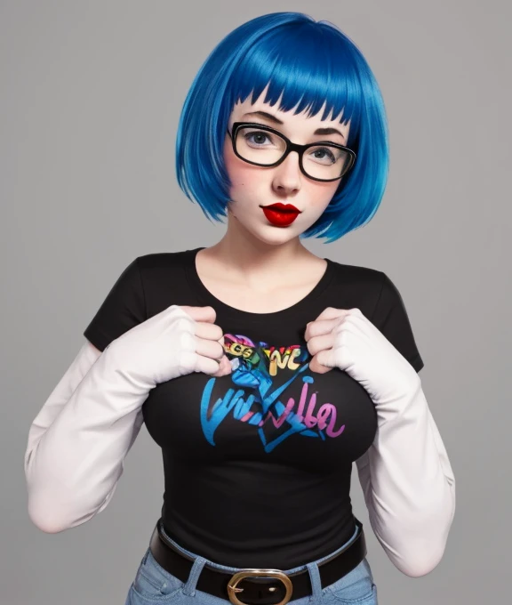 The face of Zoe Quinn, 1girl, solo, black t-shirt, white shirt, blue jeans, belt, lipstick, large breasts, short over long sleeves, glasses