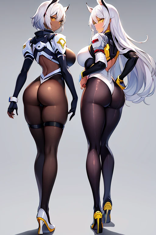 2girls, dark-skinned females, dark-skinned female, dark skin, white hair, long hair, very short hair, large breasts, breasts, wide hips, yellow eyes, smile, bodysuit, black bodysuit, white trim, sleeveless, black pantyhose, pantyhose, futuristic, tech, science-fiction, full body, ((full body)), from behind, ass