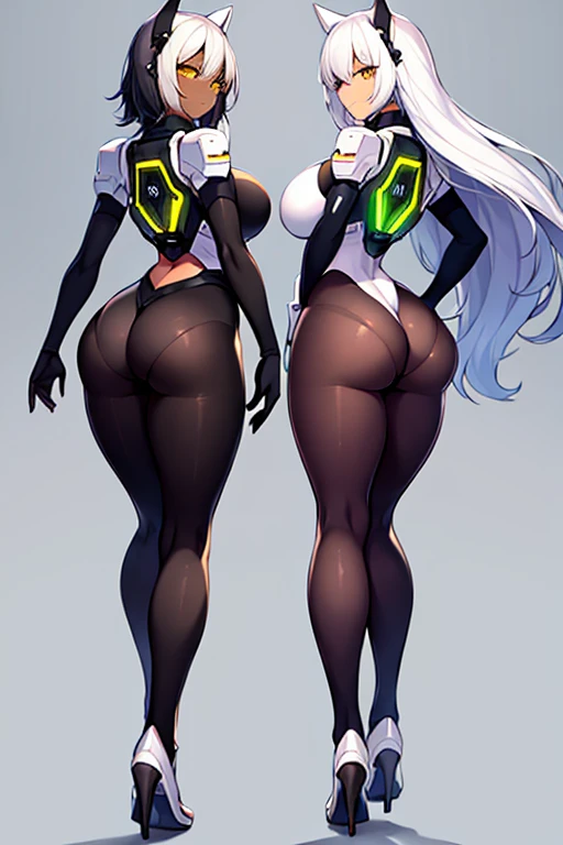 2girls, dark-skinned females, dark-skinned female, dark skin, white hair, long hair, very short hair, large breasts, breasts, wide hips, yellow eyes, smile, bodysuit, black bodysuit, white trim, sleeveless, black pantyhose, pantyhose, futuristic, tech, science-fiction, full body, ((full body)), from behind, ass