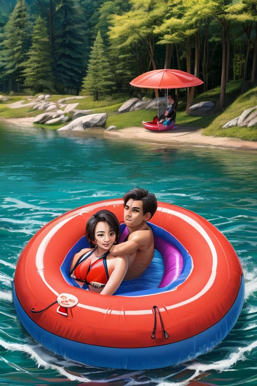 Yuriko, an alluring and sexy female anthropomorphic Japanese Red Crowned Crane in her hot and sexy red bikini, and Ruby, an alluring and playful anthropomorphic crane lady in her cute red bikini, are inflating their giant inflatable rubber boat by the lake. Then they invited Javier, a male human teen, wearing his swim trunks and water wings. They are surprise to see him coming on their relaxing river ride through the forest. Yuriko and Ruby hugged Javier while accidently letting their boat deflate. The Bikini Crane Ladies bluss in embarrassment Javier helped re-inflate their rubber boat. Yuriko, Ruby, and Javier put on their inflatable life jackets, carried their inflatable boat to the water, and hopped on their boat. Then they relaxed comfortably down the river all the way to the lake. When they arrive at the lake, Ruby sneak fully loosed the cap on the nozzle and made their inflatable boat sink into the water
