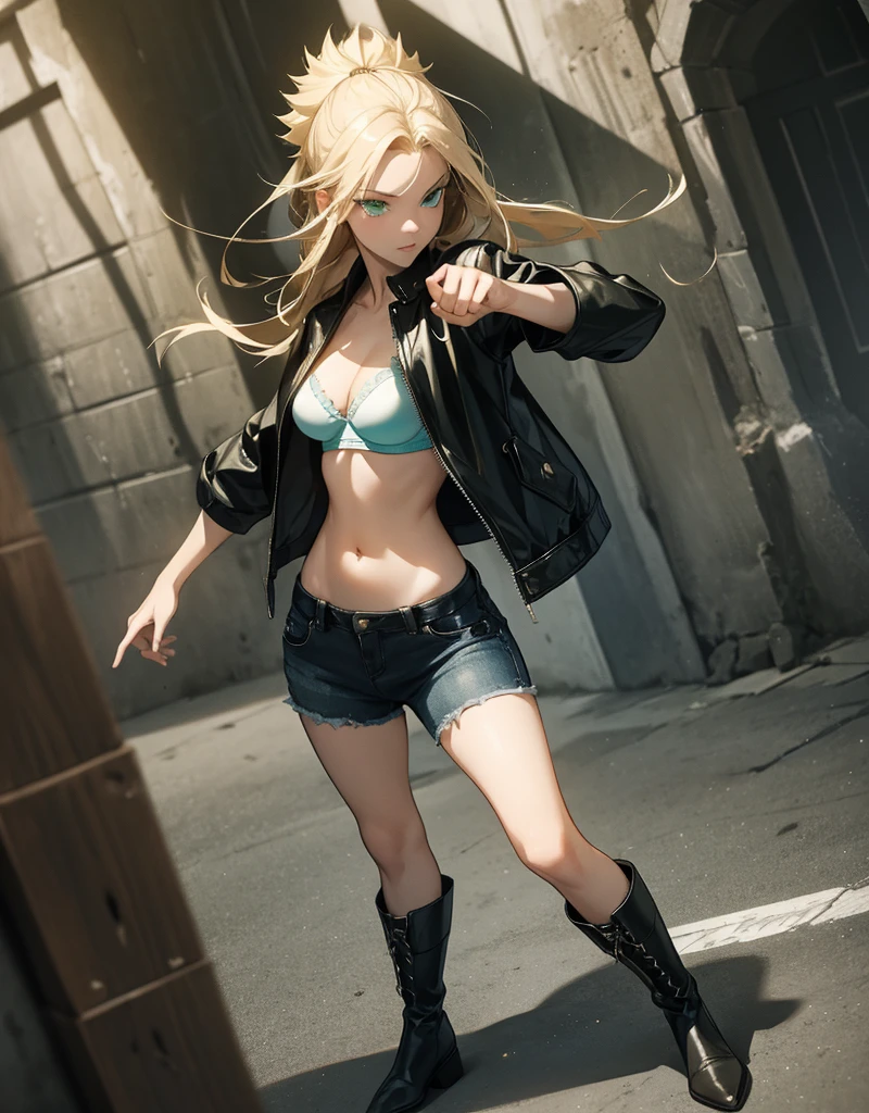 Sexy young girl with a good body, long hair blonde with green eyes, black leather jacket with white bra, ripped blue jeans, short brown boots with white, standing, spiky hair, bristly hair, standing, fighting pose, on guard, defense pose