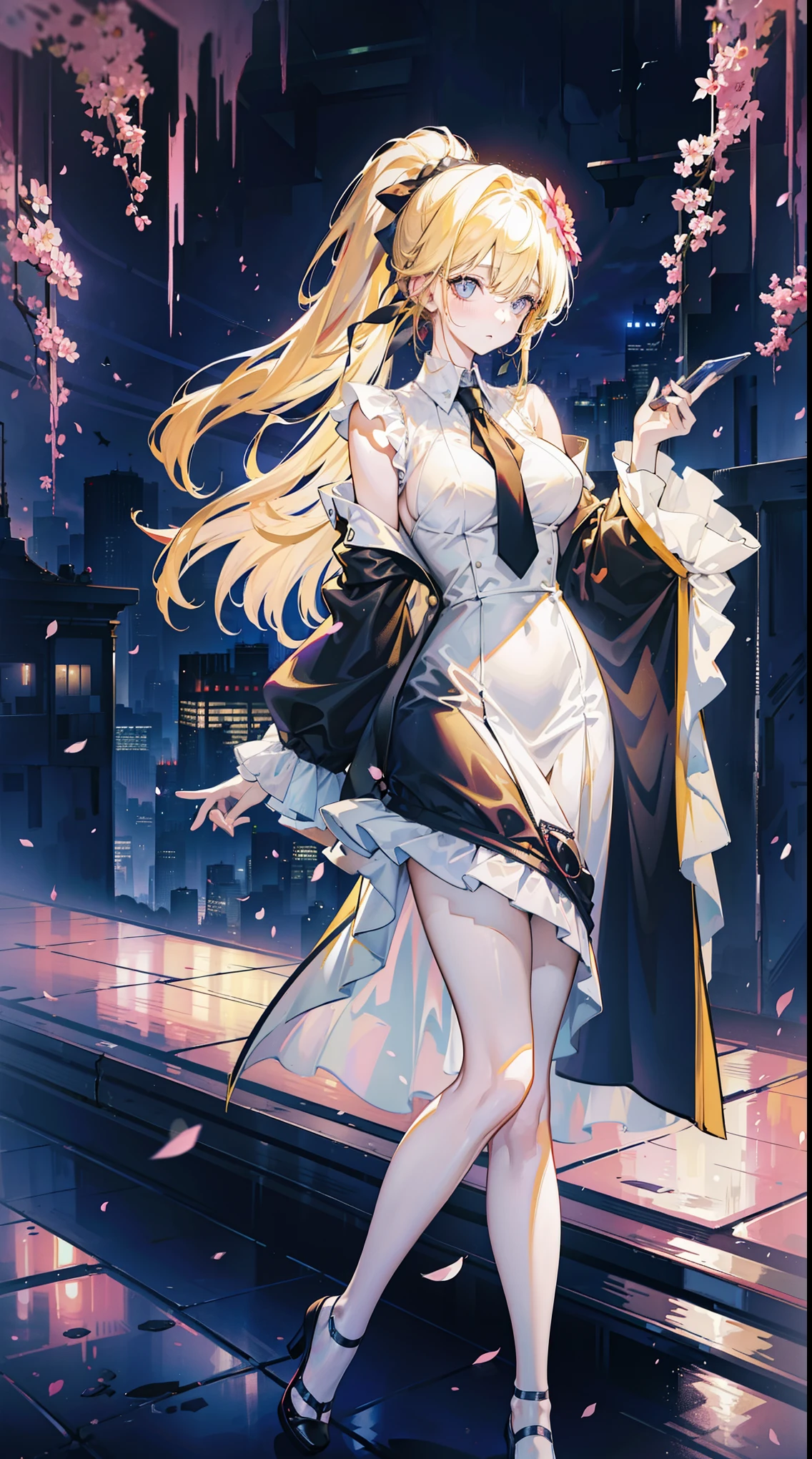 Young and beautiful Kathryn Newton, Glasses, White dress shirt, Very deep neckline, Black Mini Dress, Dark pantyhose, Surreal, 14 years old, Model figure, Large Breasts, Beautiful breasts, Big Ass, Long hair, Ponytail, Blonde hair, Long legs, 8K, futuristic city, Cherry blossoms, sunrise, LED lighting, Anime style, （（Leaning against the wall，Sideways posture））
