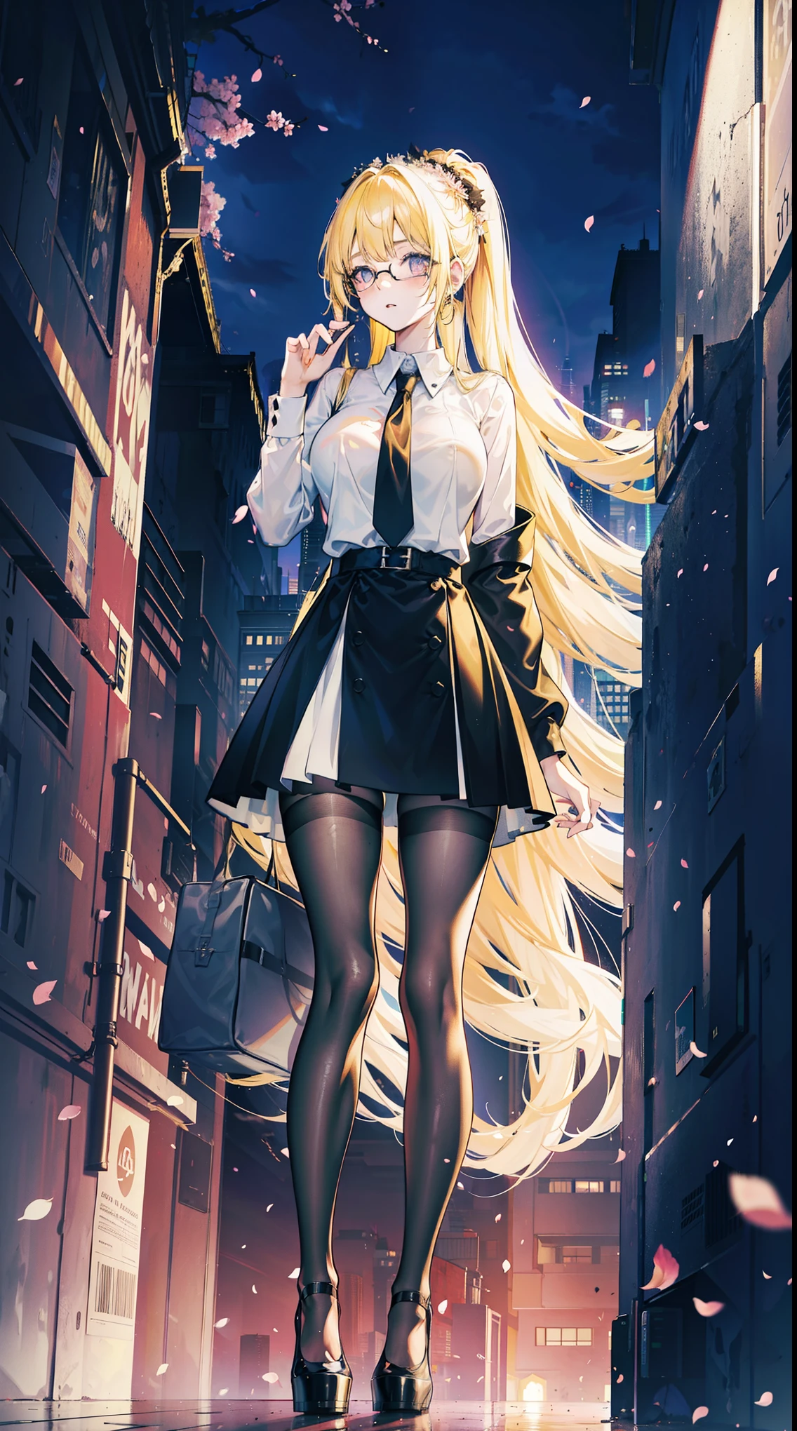 Young and beautiful Kathryn Newton, Glasses, White dress shirt, Very deep neckline, Black Mini Dress, Dark pantyhose, Surreal, 14 years old, Model figure, Large Breasts, Beautiful breasts, Big Ass, Long hair, Ponytail, Blonde hair, Long legs, 8K, futuristic city, Cherry blossoms, sunrise, LED lighting, Anime style, ((Leaning against the wall,Sideways posture))