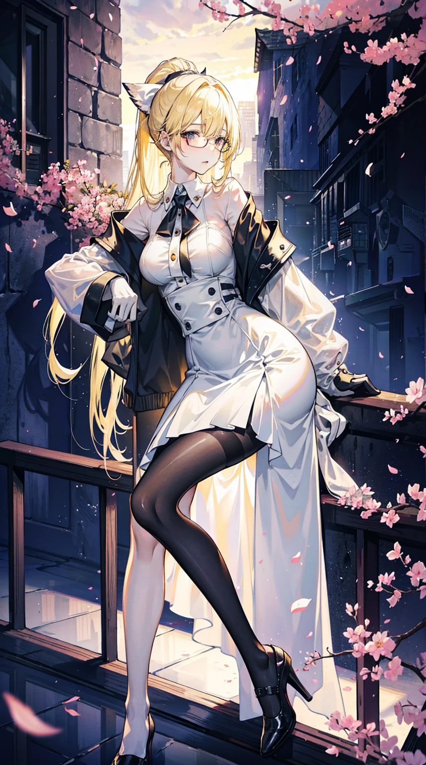 Young and beautiful Kathryn Newton, Glasses, White dress shirt, Very deep neckline, Black Mini Dress, Dark pantyhose, Surreal, 14 years old, Model figure, Large Breasts, Beautiful breasts, Big Ass, Long hair, Ponytail, Blonde hair, Long legs, 8K, futuristic city, Cherry blossoms, sunrise, LED lighting, Anime style, （（Leaning against the wall，Sideways posture））