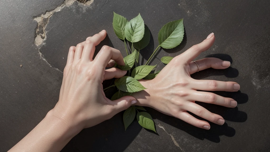 "Create an image where human hands are formed by plants. Hands should look as if they were made of twigs and leaves, with fingers that look like tree branches and small leaves sprouting from the fingertips. The palm should look like the texture of tree bark or dense leaves. Whole hands should look like a harmonious fusion of plant elements, without the appearance of human skin. The image should give the feeling that the hands are a living part of a plant."