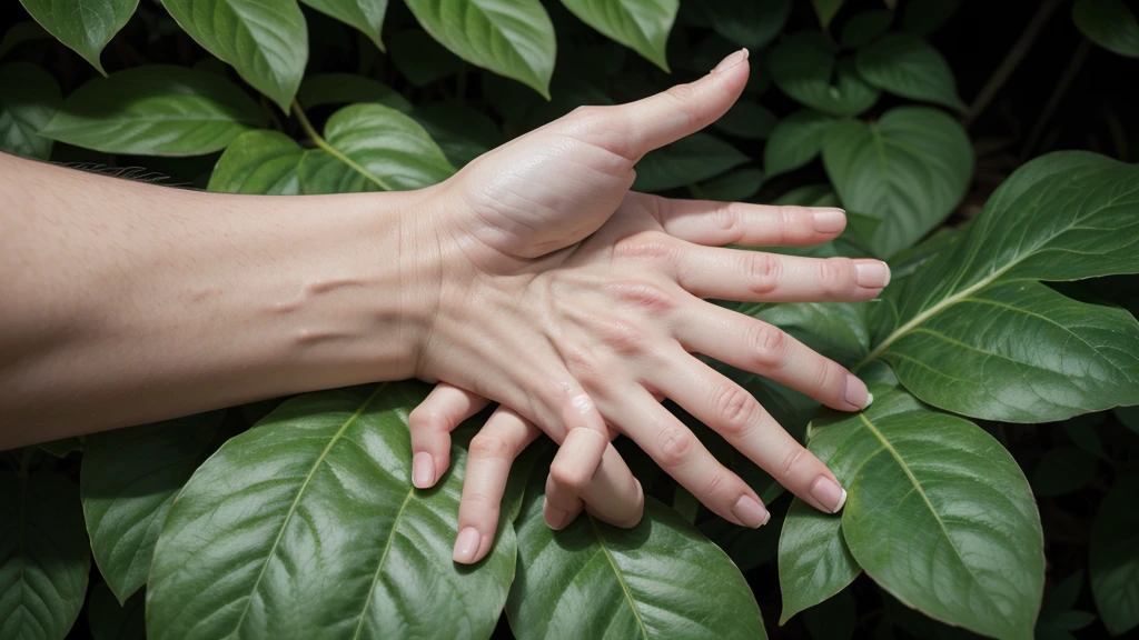 "Create an image where human hands are formed by plants. Hands should look as if they were made of twigs and leaves, with fingers that look like tree branches and small leaves sprouting from the fingertips. The palm should look like the texture of tree bark or dense leaves. Whole hands should look like a harmonious fusion of plant elements, without the appearance of human skin. The image should give the feeling that the hands are a living part of a plant."