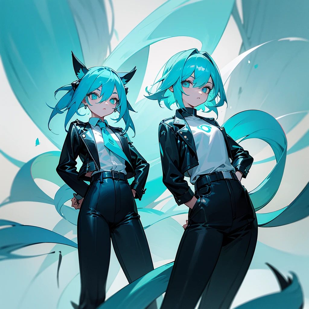 Cyan hair, glowing blue bird legs, open black leather jacket, Black fabric pants, white shirt, cyan beautiful eyes, flat chest, hands on hips, cyan energy, yellow japanese circle bird tails, three tails