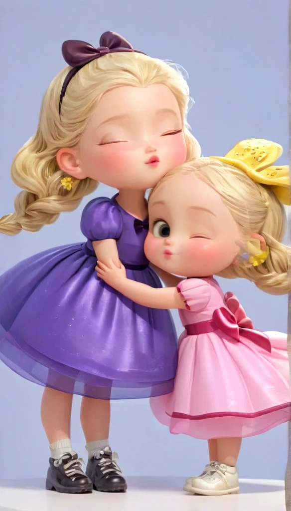 A touching cartoon image of two girls, Koral and Quin, hugging a large heart-shaped object their size. Koral, aged nine, has long brown hair, wears a beautiful purple and pink dress with a bow on her head. Quin, a three-year-old baby, has short blonde hair and wears a charming pink and yellow dress with a matching bow. The high-quality, high-resolution image is rendered in 8k cartoon style, with vibrant colors and charming details, capturing the essence of childhood innocence and friendship.